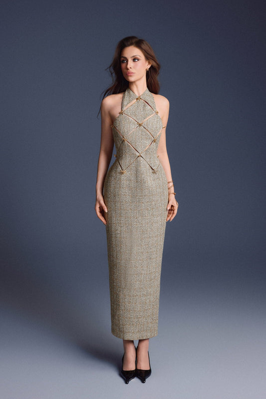GOLD CHECKERED CUT-OUT DRESS