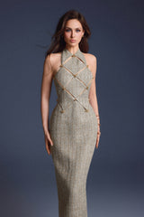 GOLD CHECKERED CUT-OUT DRESS