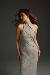 GOLD CHECKERED CUT-OUT DRESS