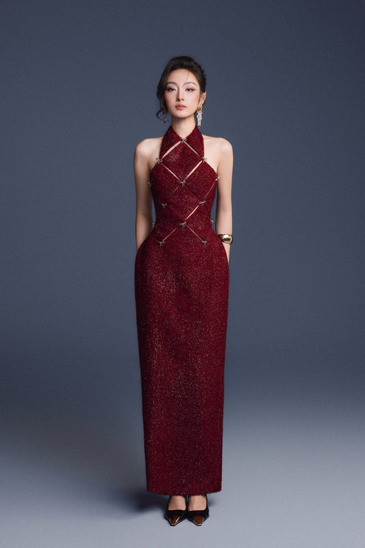 WINE RED CHECKERED CUT-OUT DRESS