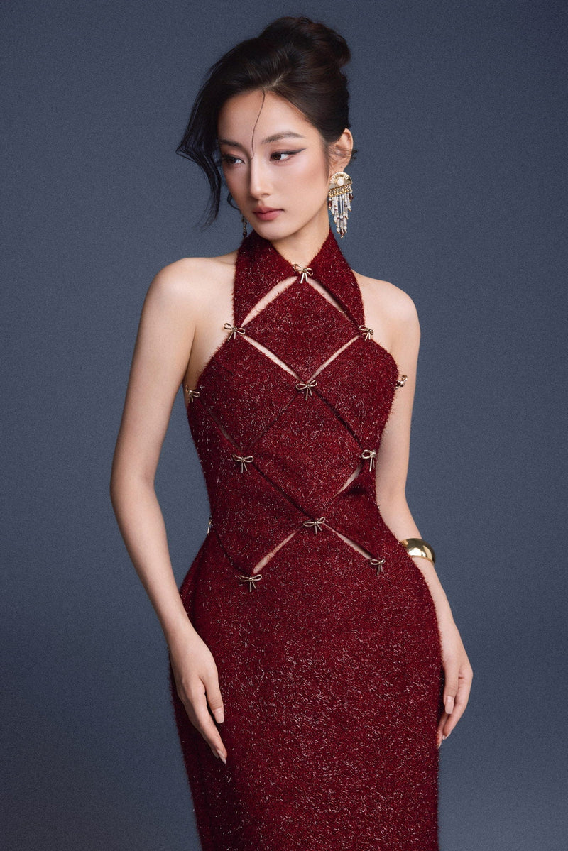 WINE RED CHECKERED CUT-OUT DRESS