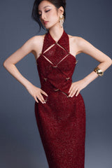 WINE RED CHECKERED CUT-OUT DRESS