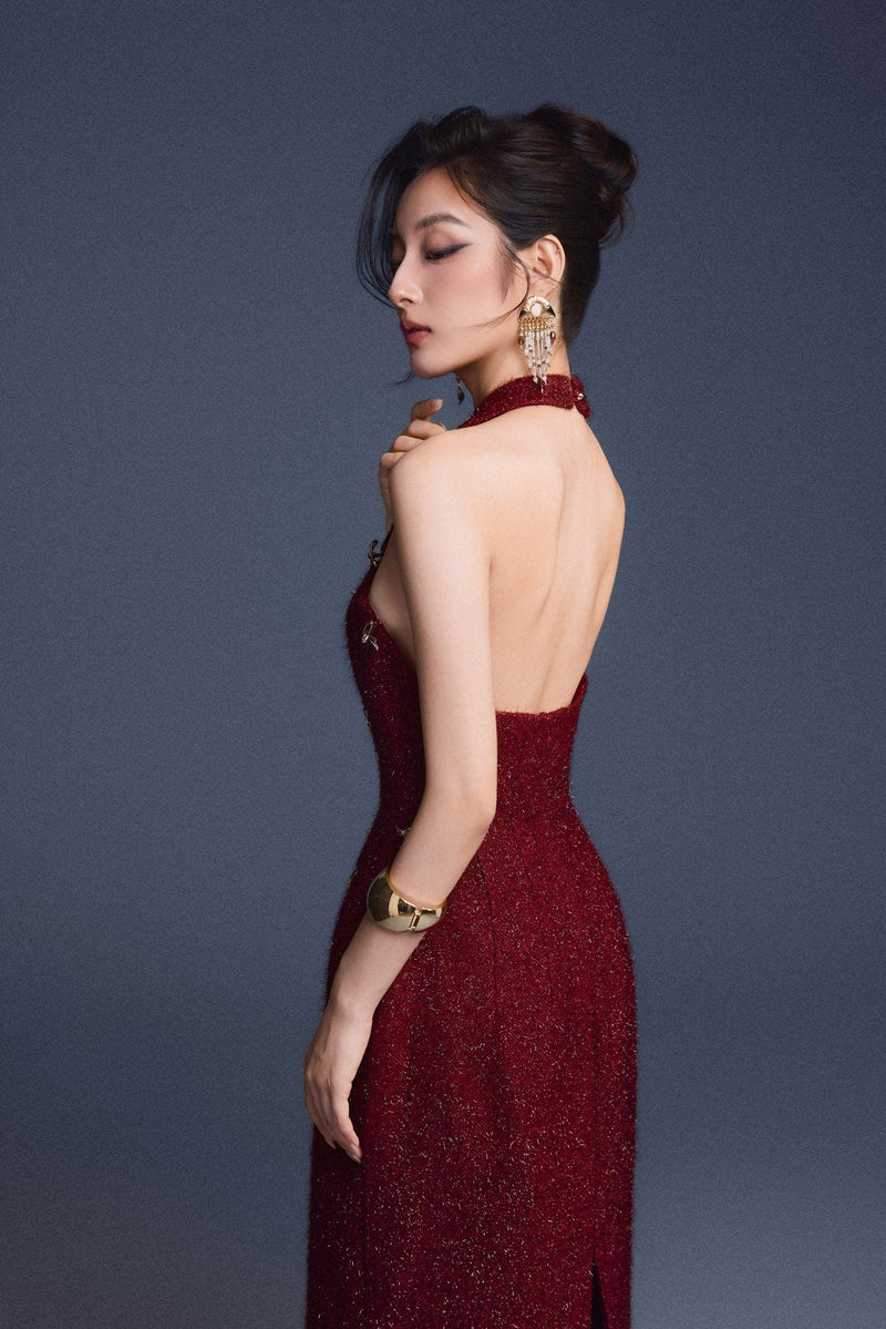 WINE RED CHECKERED CUT-OUT DRESS