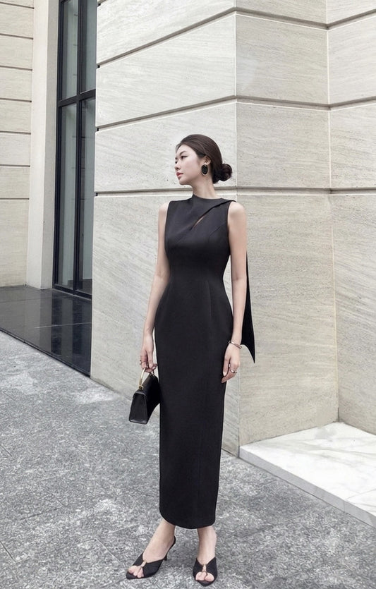 BLACK SCARF SLEEVELESS DRESS