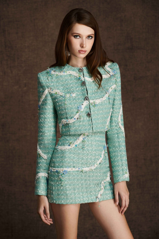 GREEN EMBROIDERED CROP BLAZER