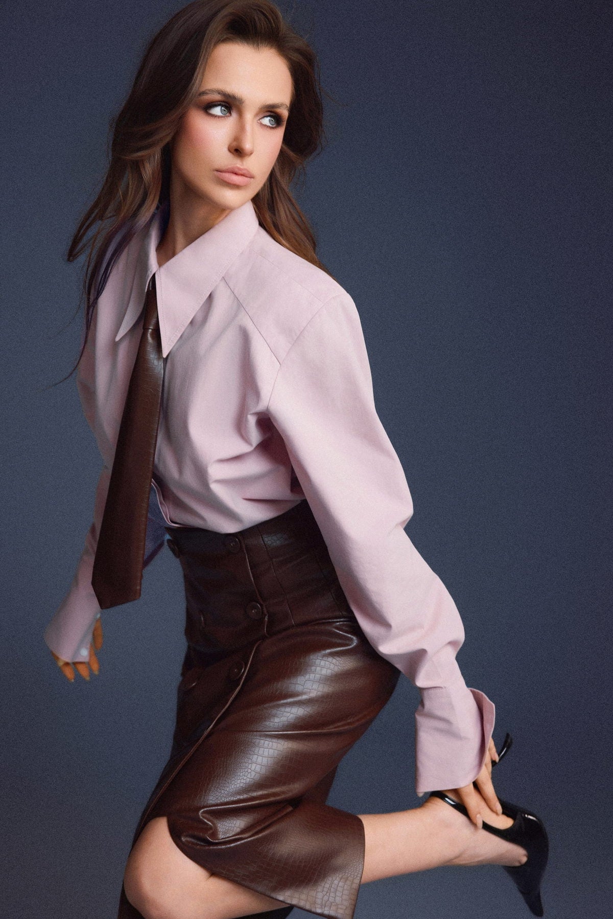 BROWN LEATHER SCULPTED SKIRT