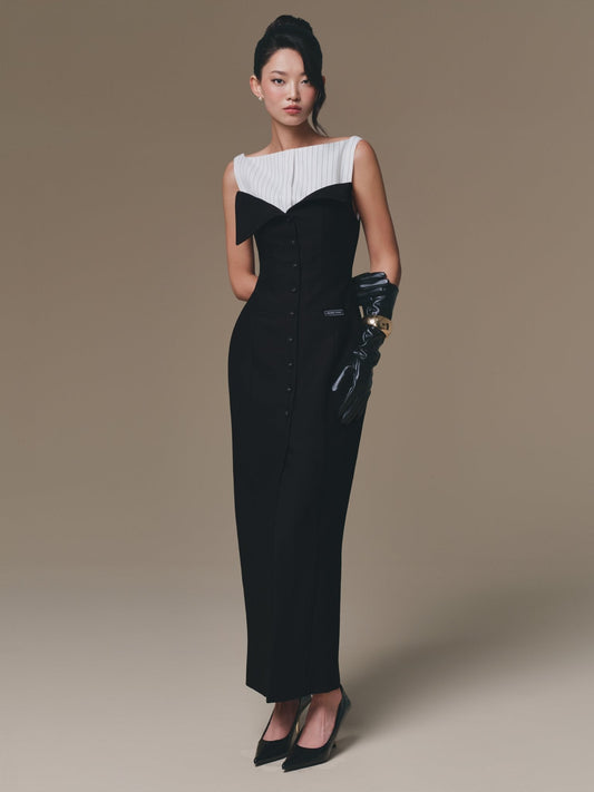 BLACK FLIPPED-BUST PANEL DRESS