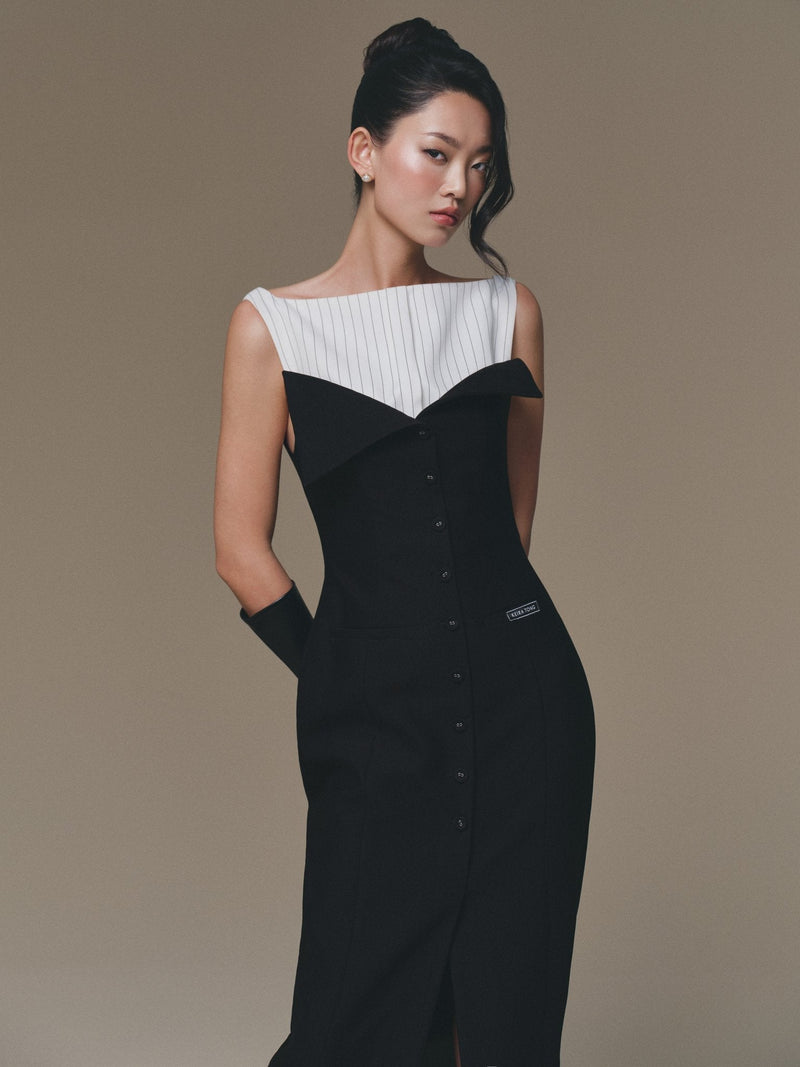 BLACK FLIPPED-BUST PANEL DRESS