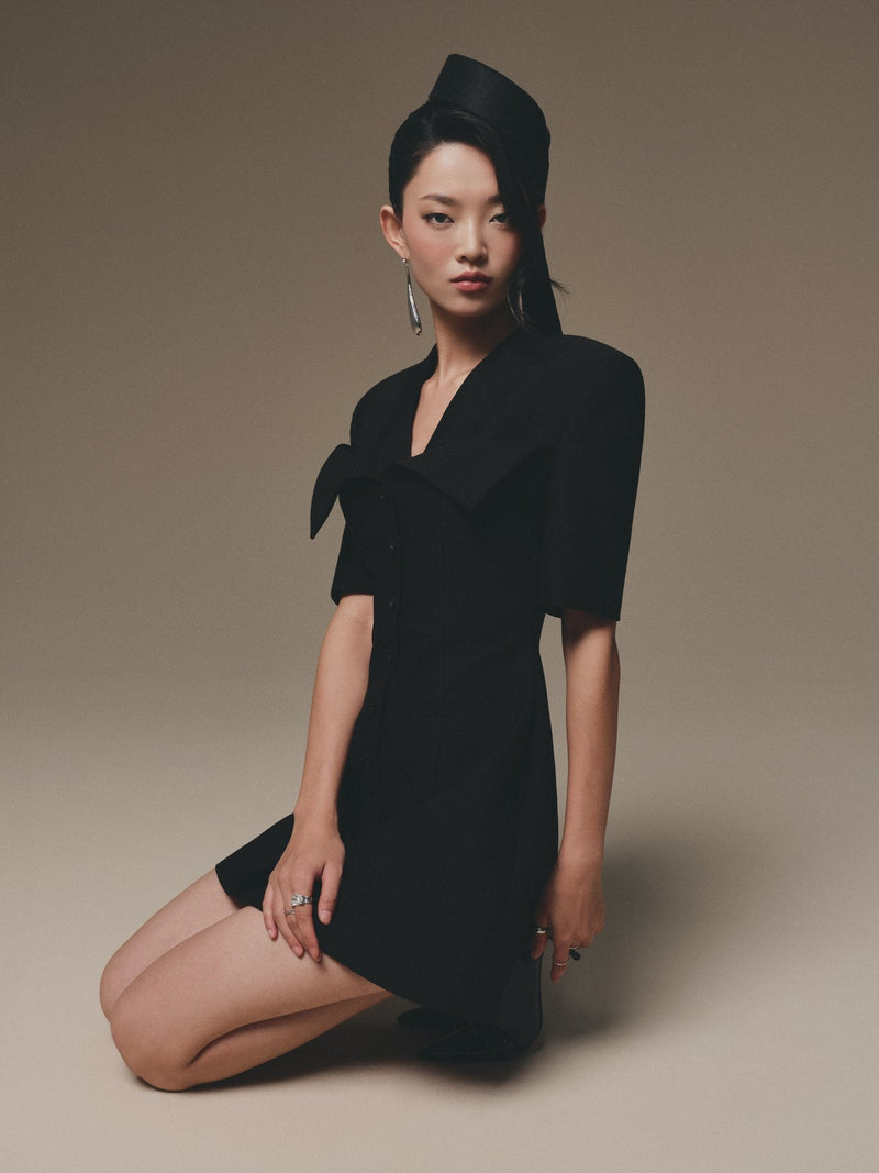BLACK FLIPPED-BUST MINI DRESS