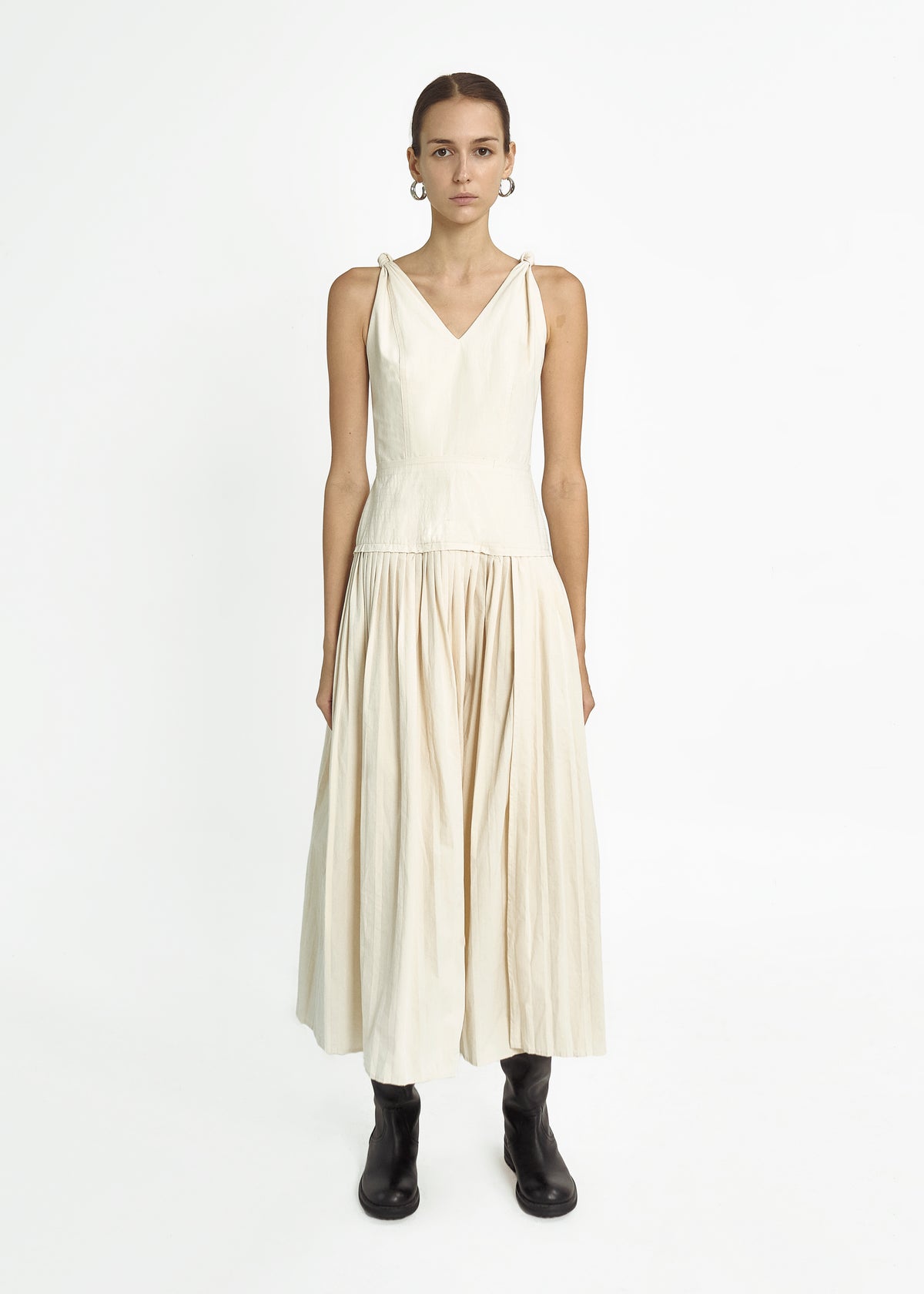 knotted-shoulder-pleated-dress-ivory-MAYNE-STUDIOS -astoud