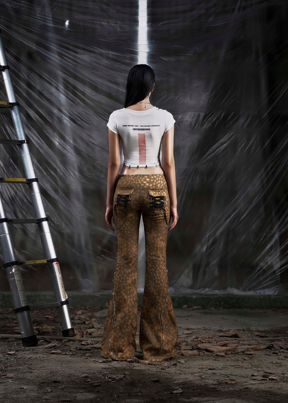 NONE Printed Lace Up Flared Jean Tatichu Astoud