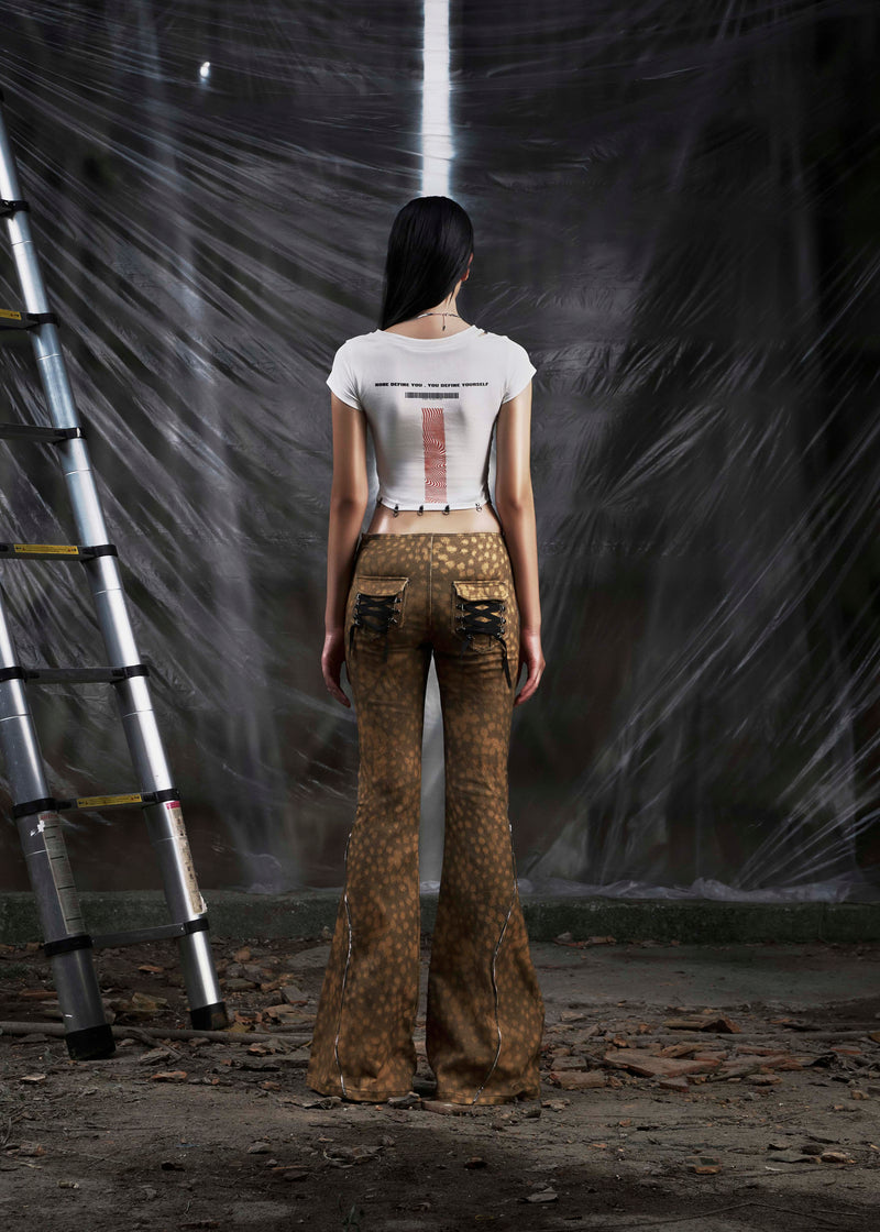 NONE Printed Lace Up Flared Jean Tatichu Astoud
