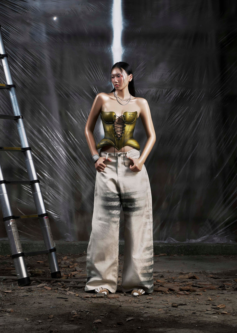 None Metalic Lace Up 3D Corset Tatichu Astoud
