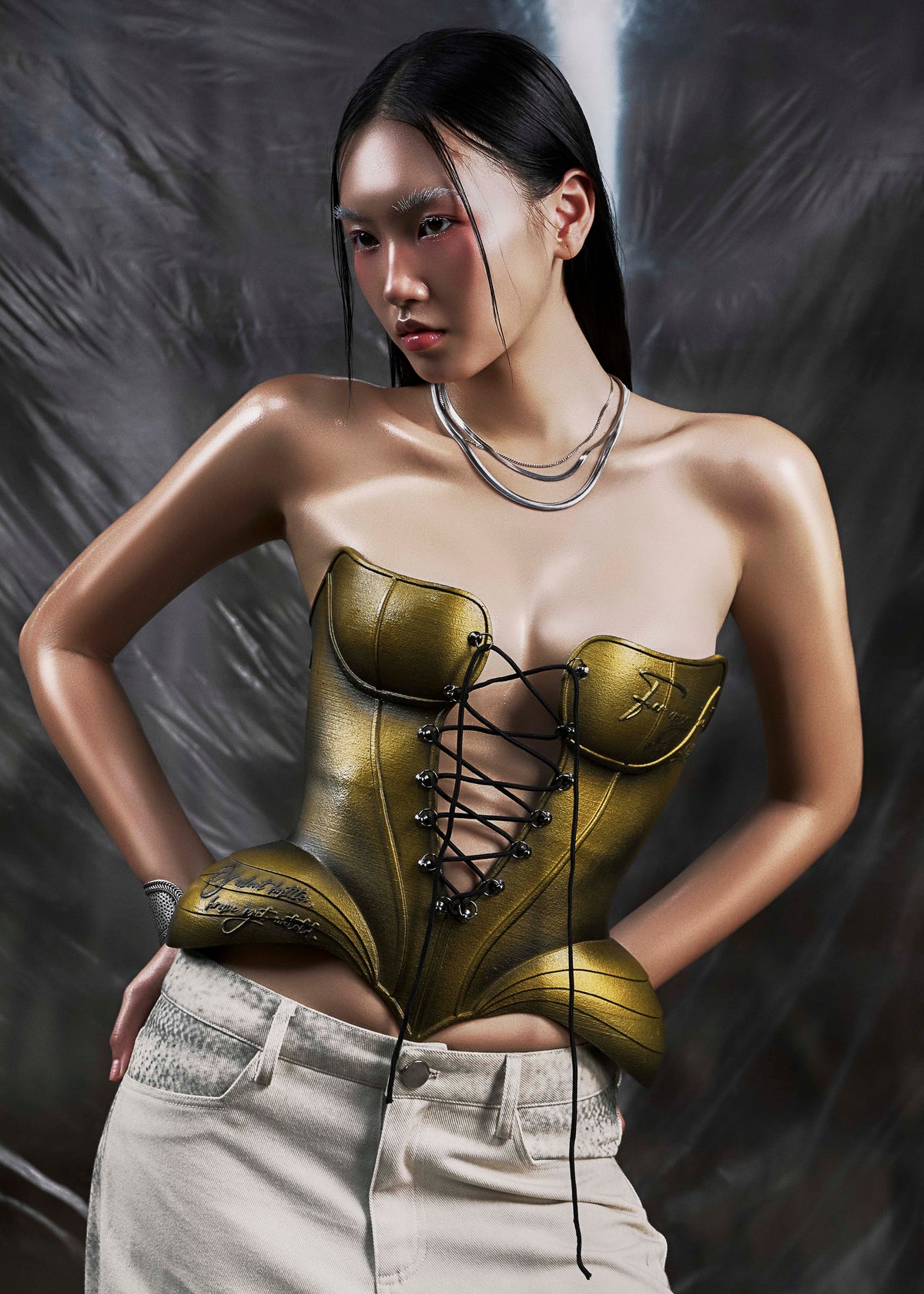 None Metalic Lace Up 3D Corset Tatichu Astoud