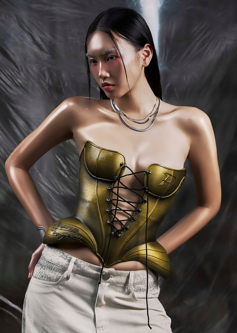 None Metalic Lace Up 3D Corset Tatichu Astoud