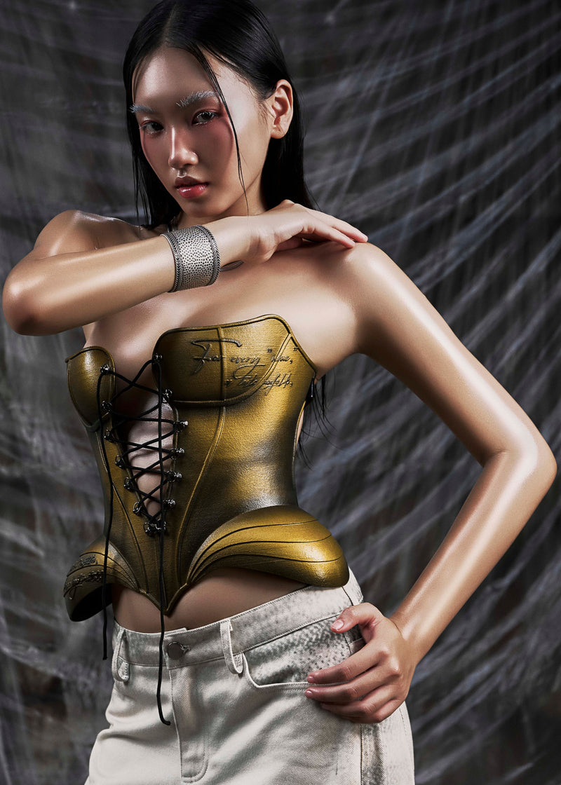 None Metalic Lace Up 3D Corset Tatichu Astoud
