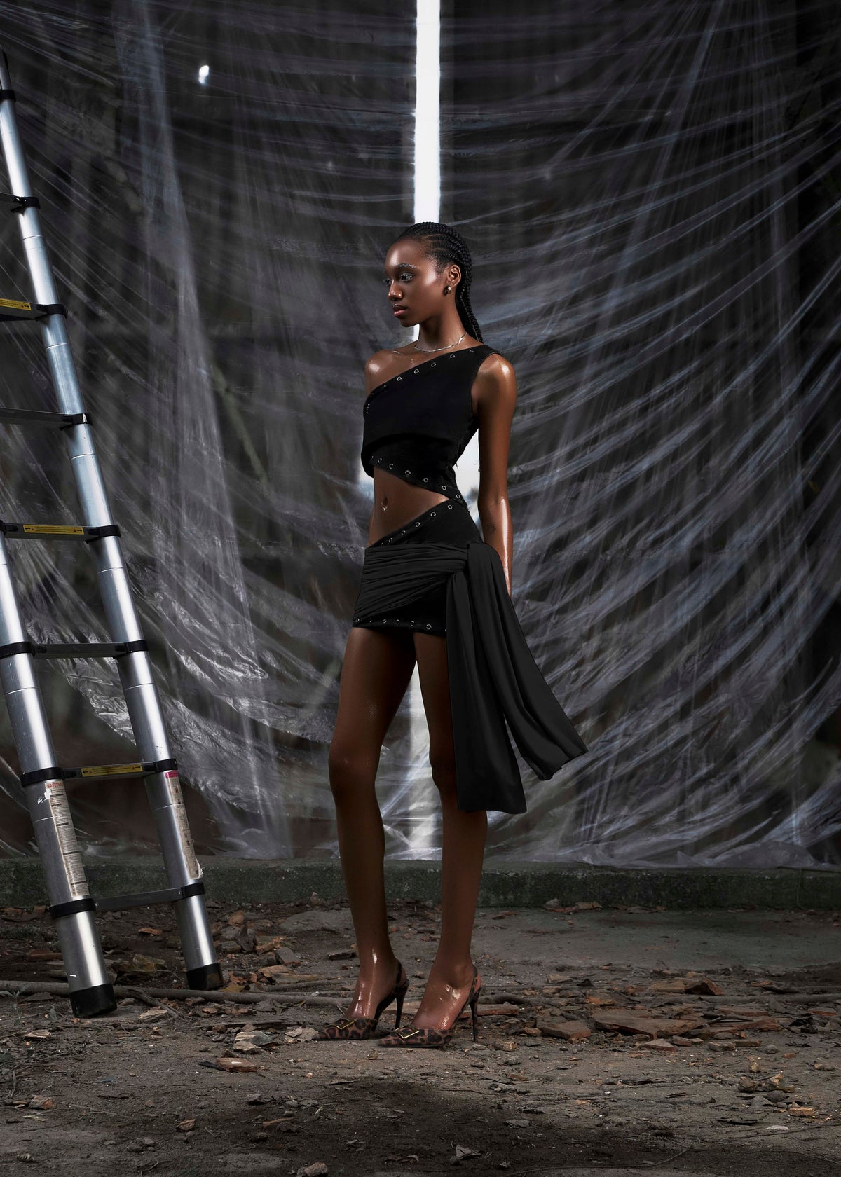 NONE ONE SHOULDER CUT OUT WRAPPED HIPS DRESS - BLACK