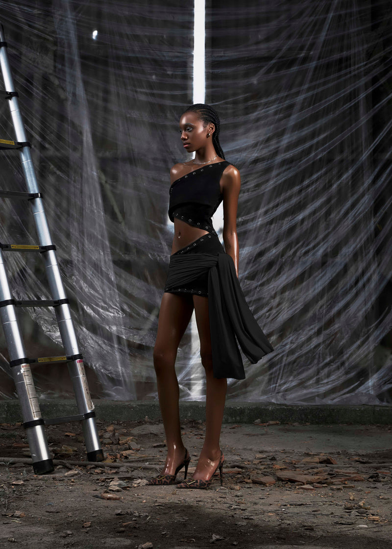 NONE ONE SHOULDER CUT OUT WRAPPED HIPS DRESS - BLACK