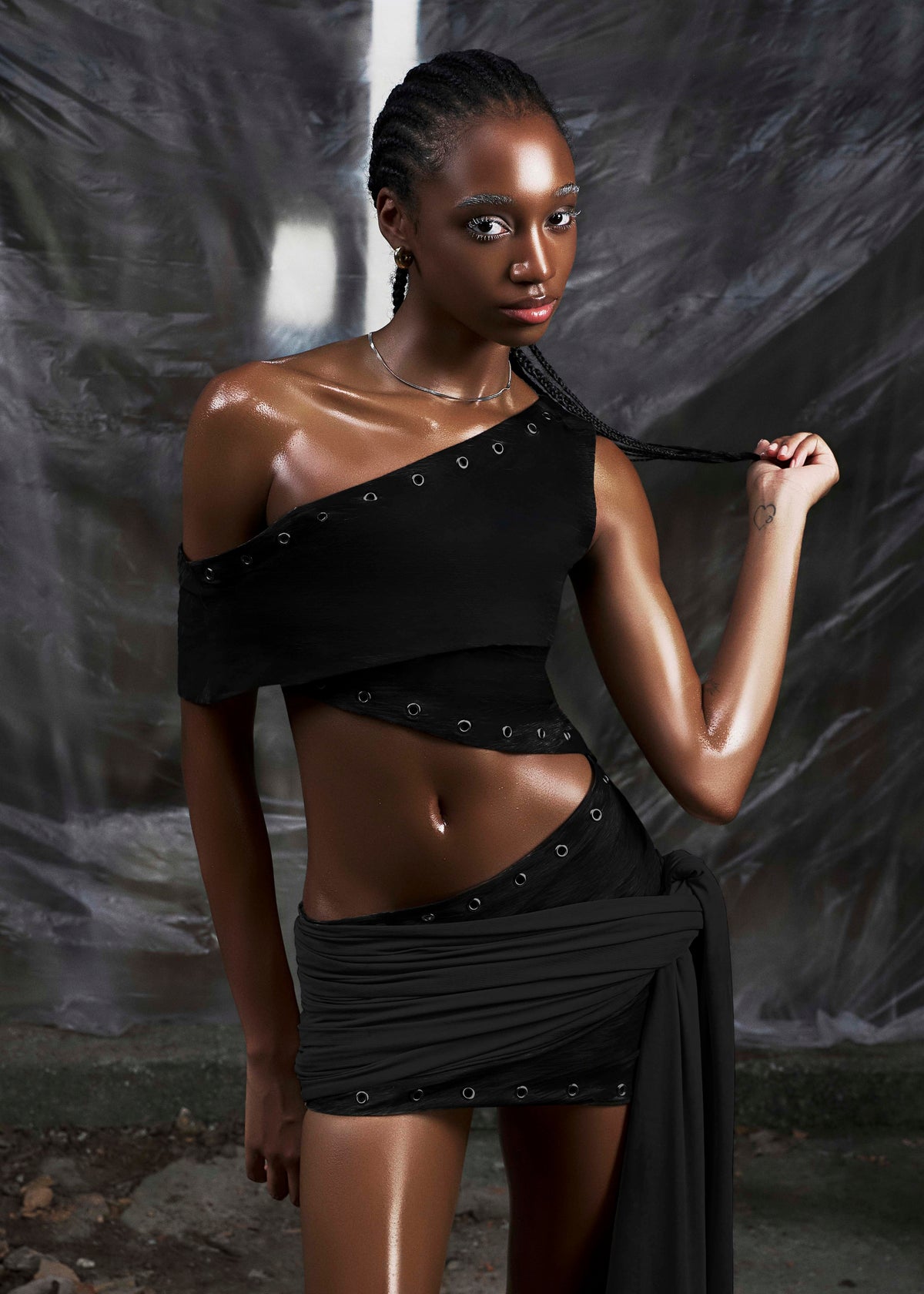 NONE ONE SHOULDER CUT OUT WRAPPED HIPS DRESS - BLACK