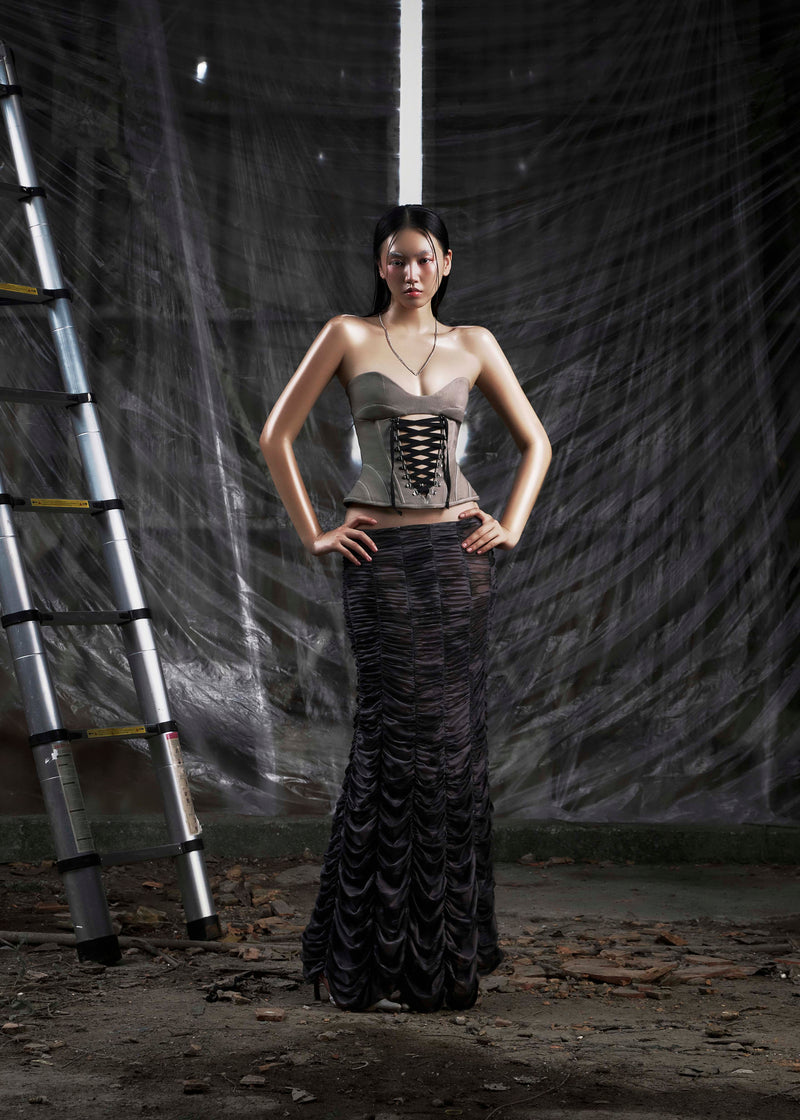 None Ruched Mesh Maxi Skirt Tatichu Astoud