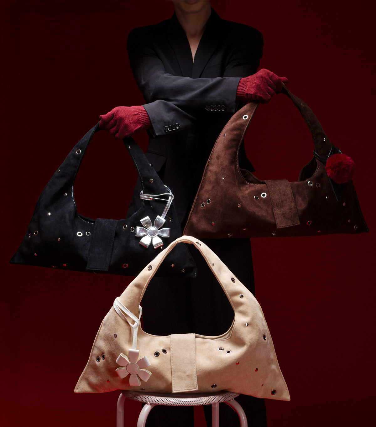 BLACK EYELET CRESCENT BAG