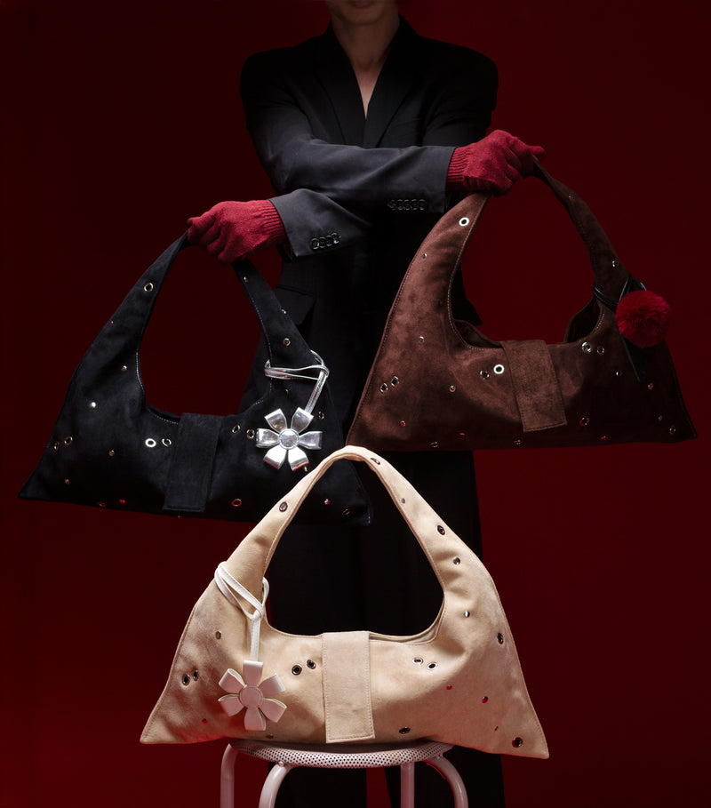 BLACK EYELET CRESCENT BAG