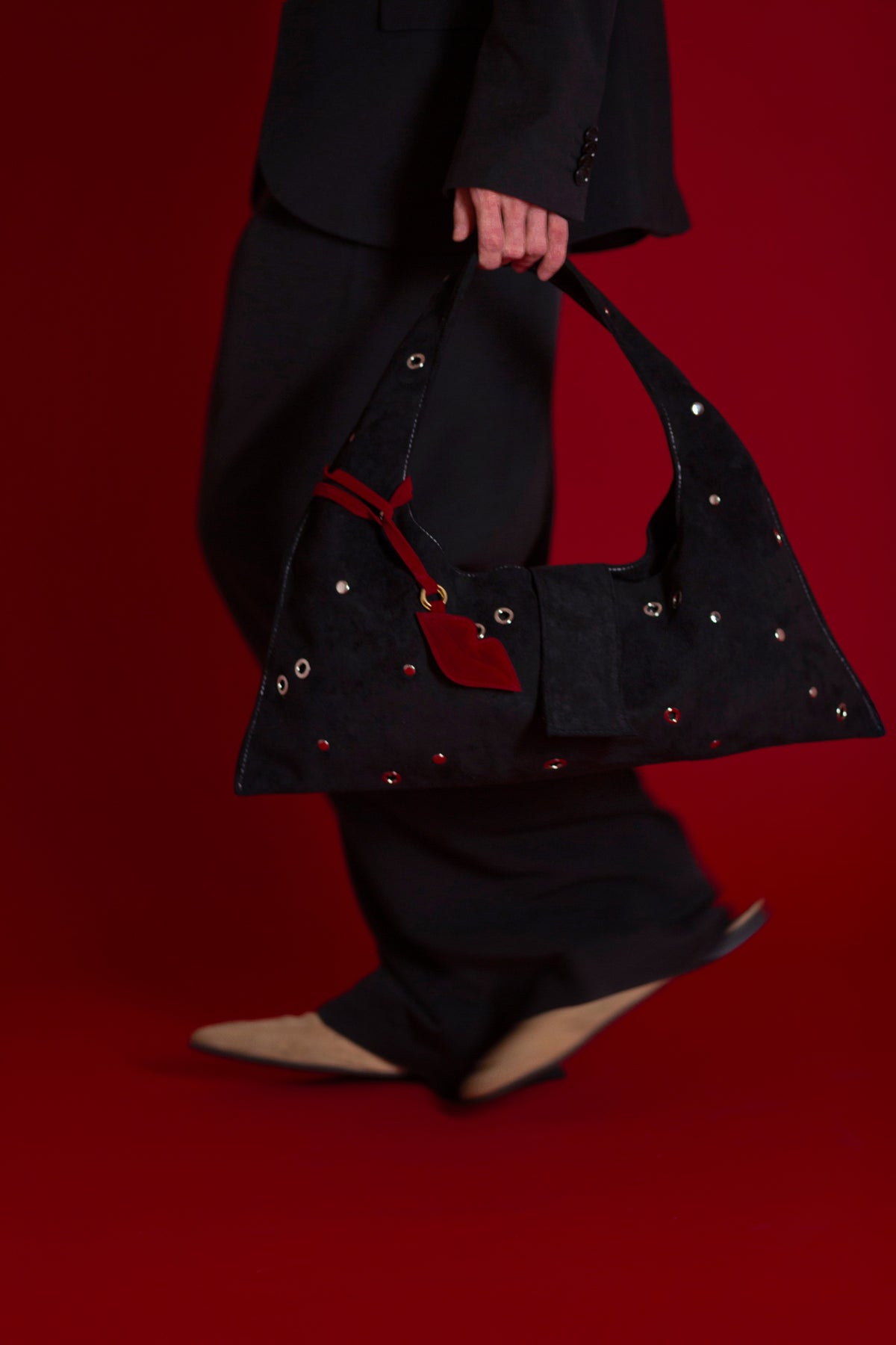 BLACK EYELET CRESCENT BAG