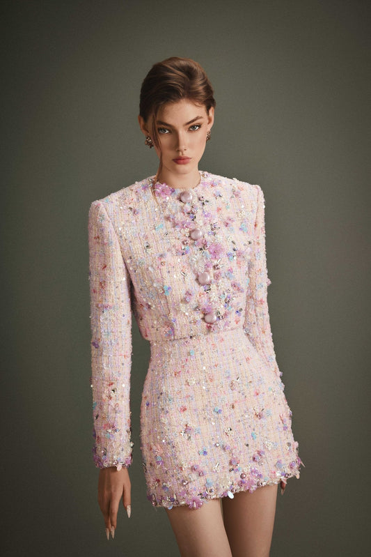 FLORAL BEJEWELED BLAZER & SKIRT SET