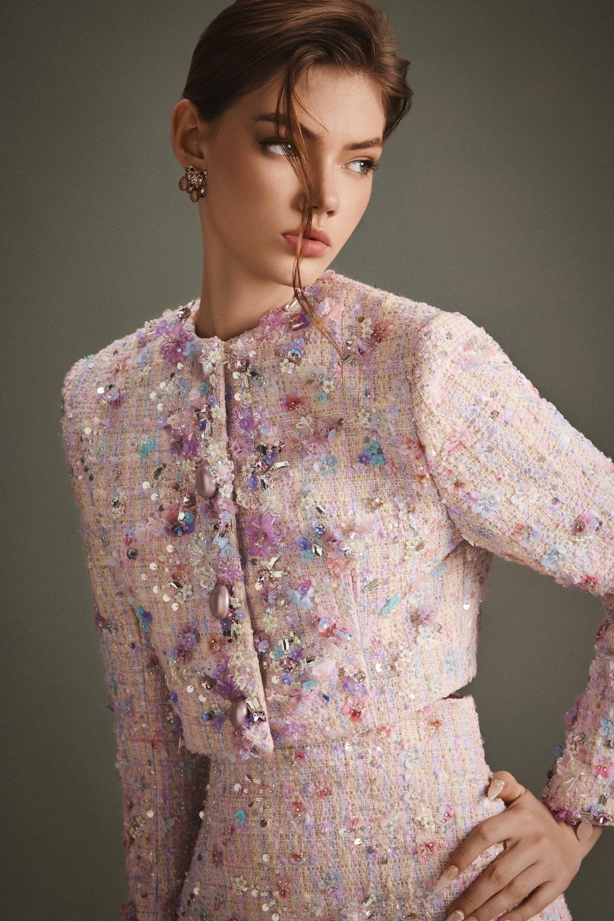 FLORAL BEJEWELED BLAZER & SKIRT SET