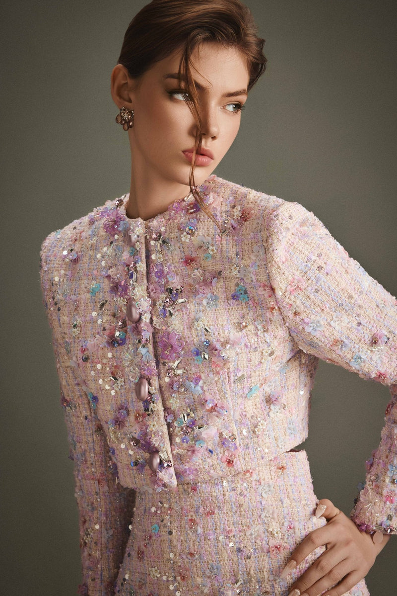 FLORAL BEJEWELED BLAZER & SKIRT SET