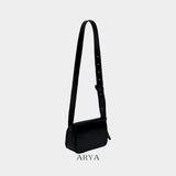 BLACK DAILY FLAP BAG by ARYA in synthetic microfiber leather, dimensions 8.66 x 5.51 x 3.15 inches, available at ASTOUD.