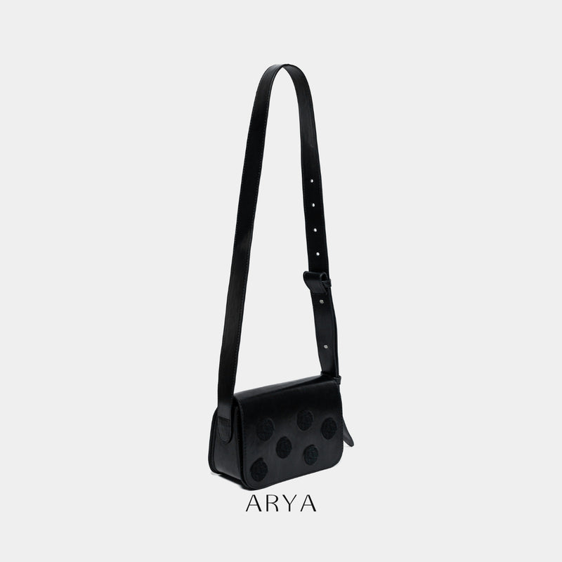 BLACK POLKA DOT BAG by ARYA in synthetic microfiber leather, 8.66 x 5.51 x 3.15 inches