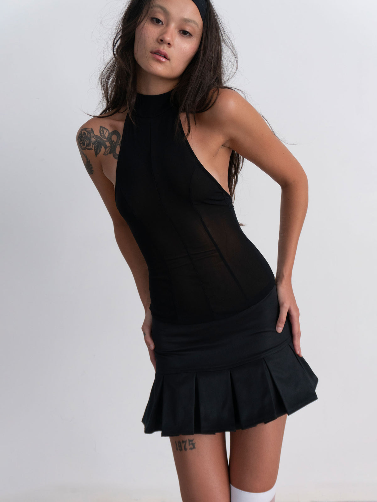 molly-rux-athlete-dress-black-mesh-bodice-pleated-mini-skirt-dalya-studios