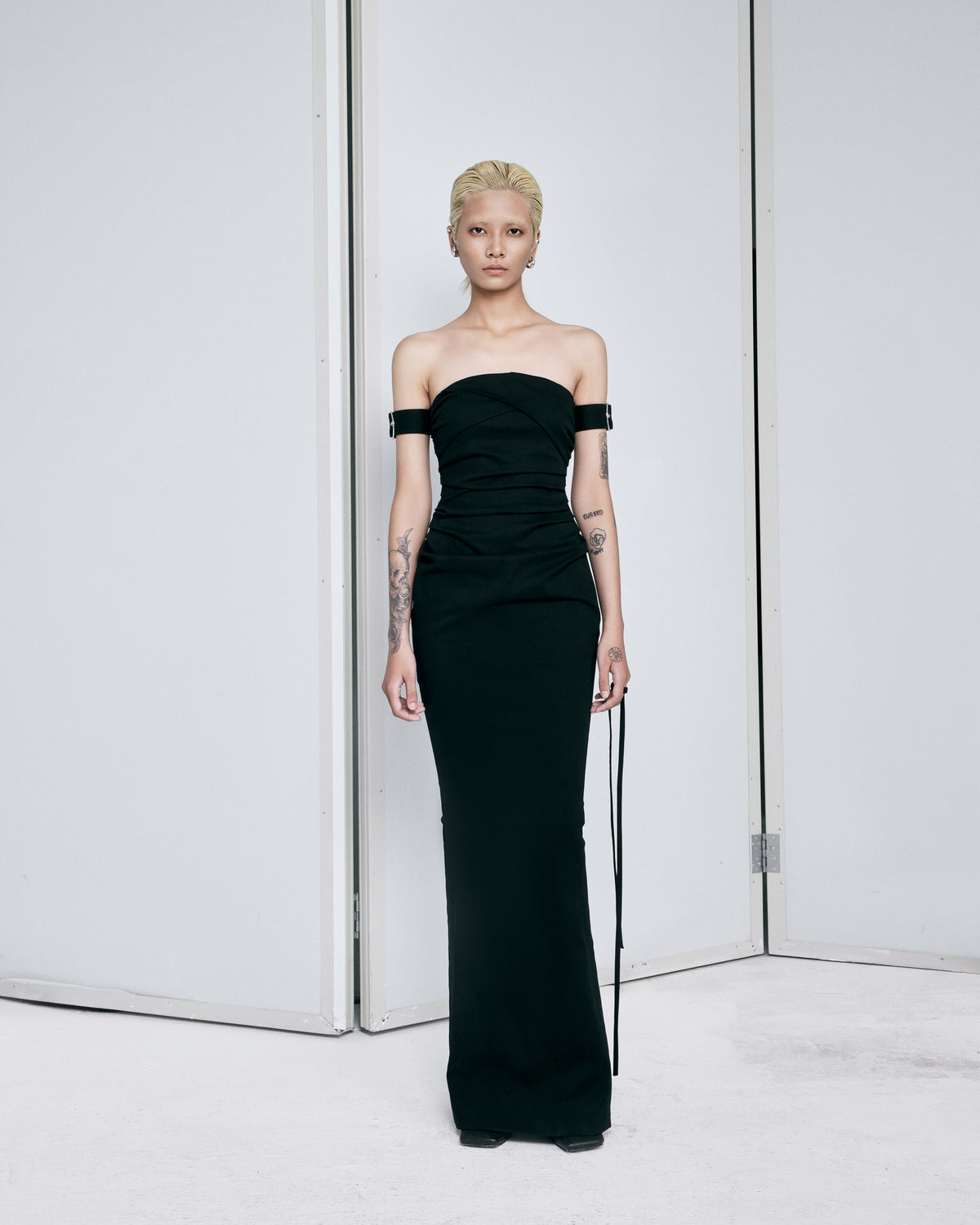 black-denim-bustier-draped-dress-FORTYTHREE-ASTOUD
