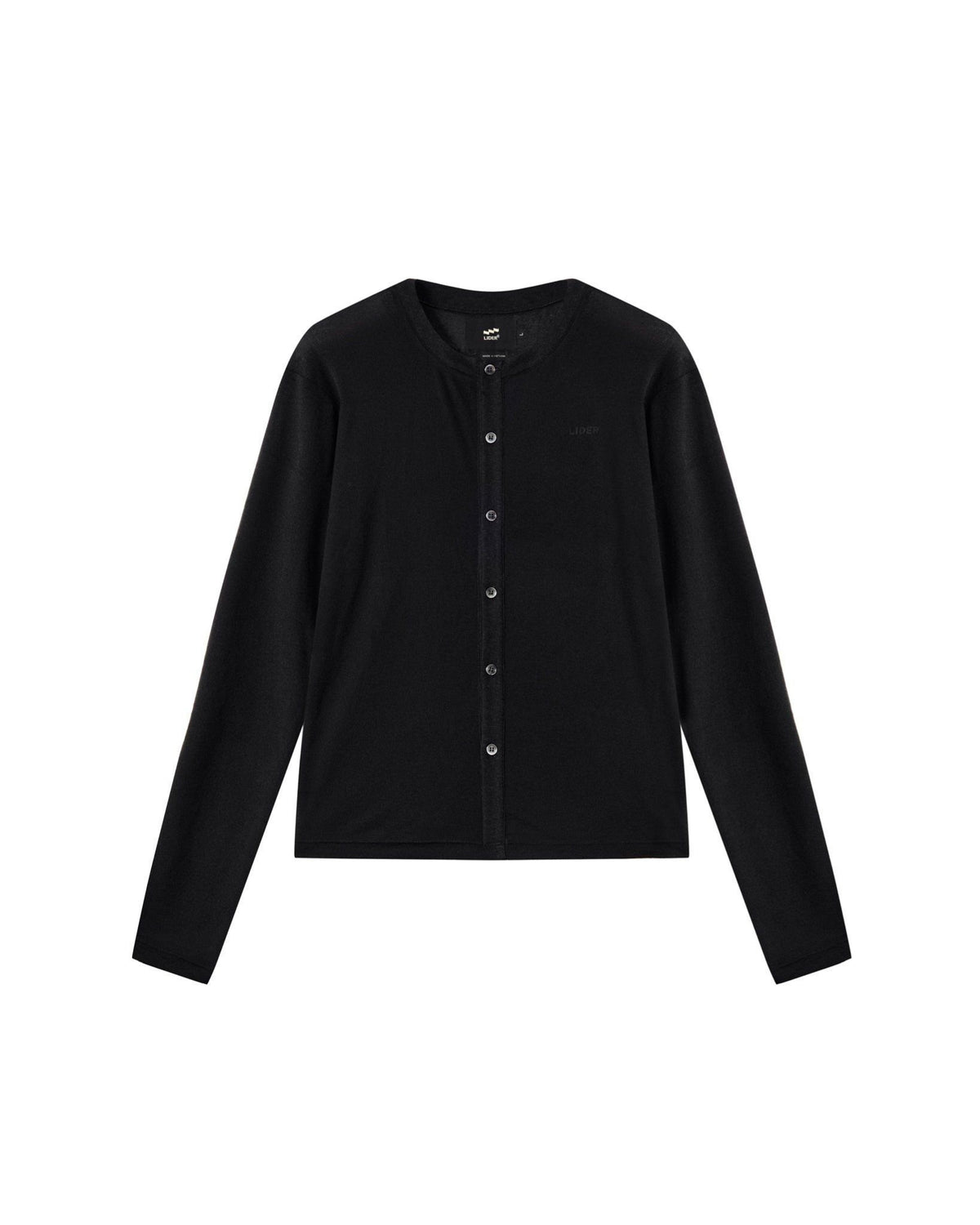hazel-cardigan-black-stretch-knit-hip-length-unisex-lightweight-lider