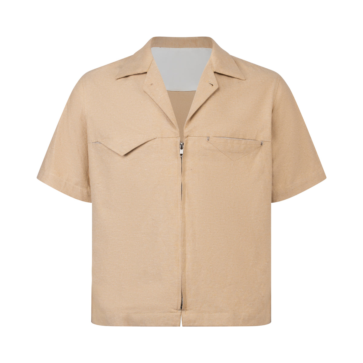 brown-zip-up-hemp-cuban-shirt saomai homme astoud