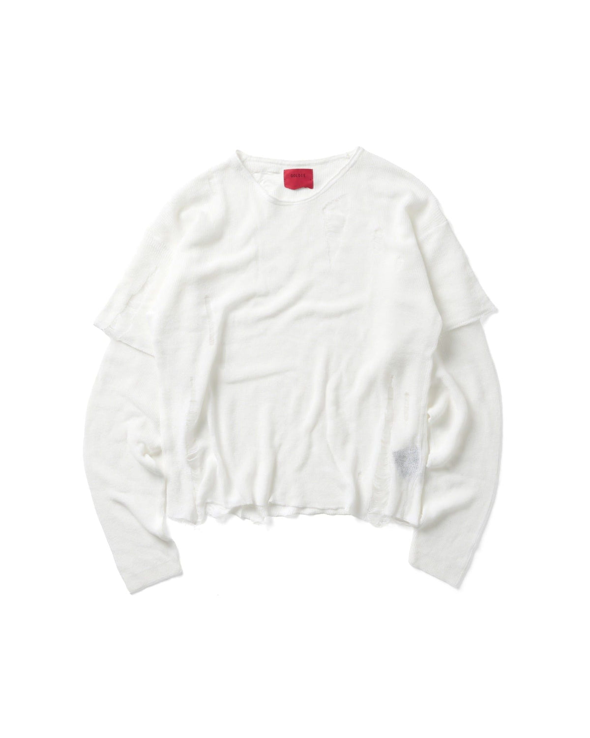 WHITE KNIT DISTRESSED DOUBLE SLEEVES