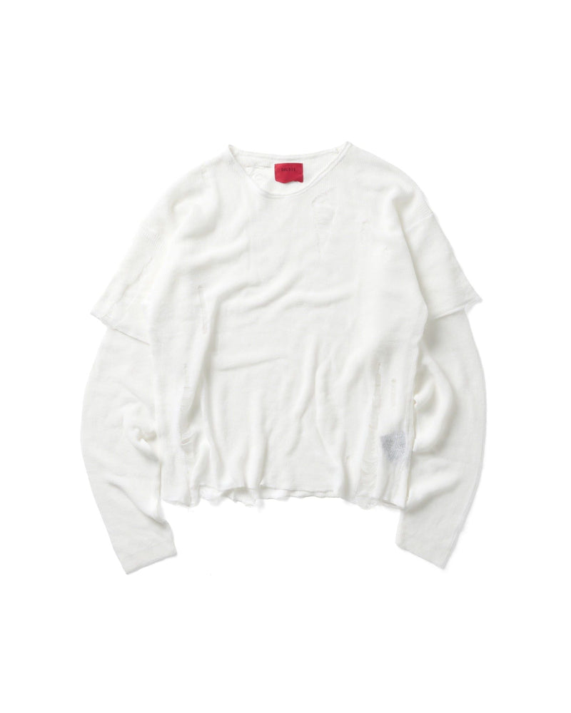 WHITE KNIT DISTRESSED DOUBLE SLEEVES