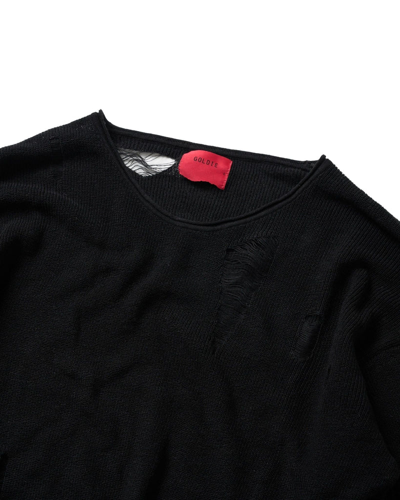 BLACK KNIT DISTRESSED DOUBLE SLEEVES