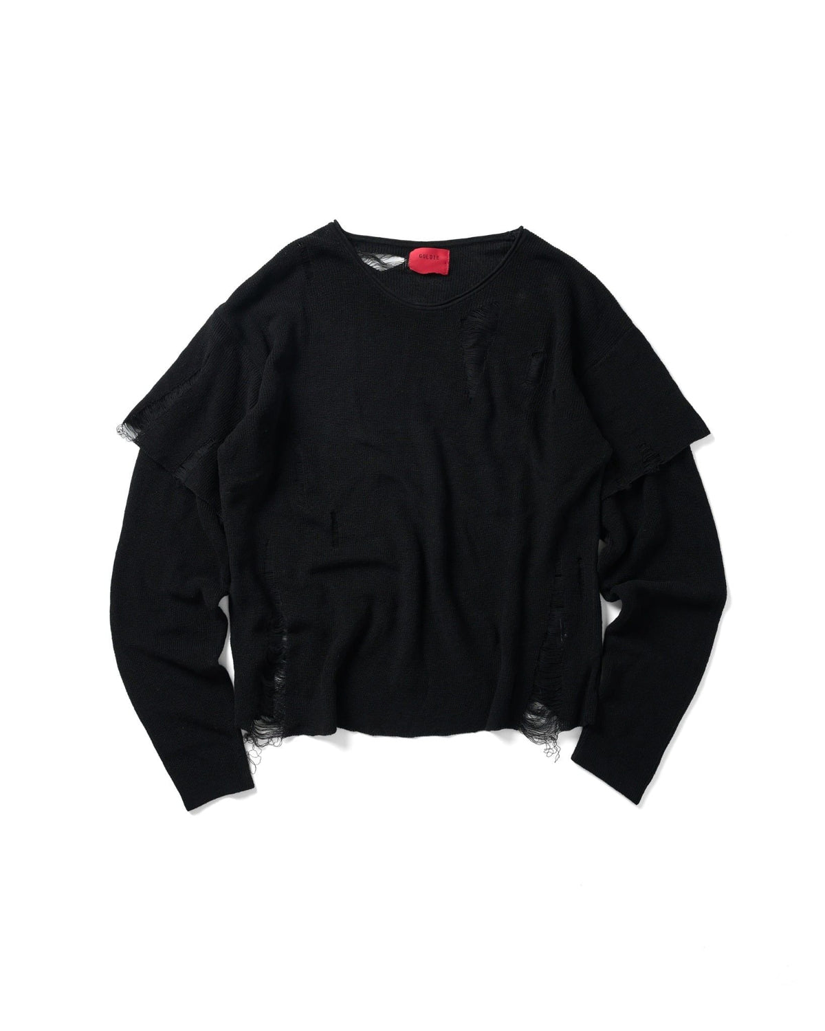 BLACK KNIT DISTRESSED DOUBLE SLEEVES