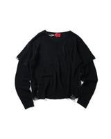 BLACK KNIT DISTRESSED DOUBLE SLEEVES