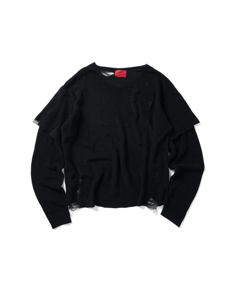 BLACK KNIT DISTRESSED DOUBLE SLEEVES