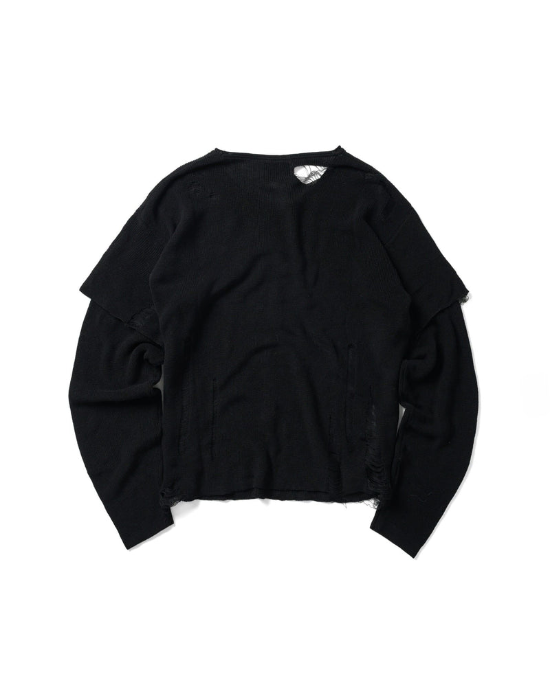 BLACK KNIT DISTRESSED DOUBLE SLEEVES