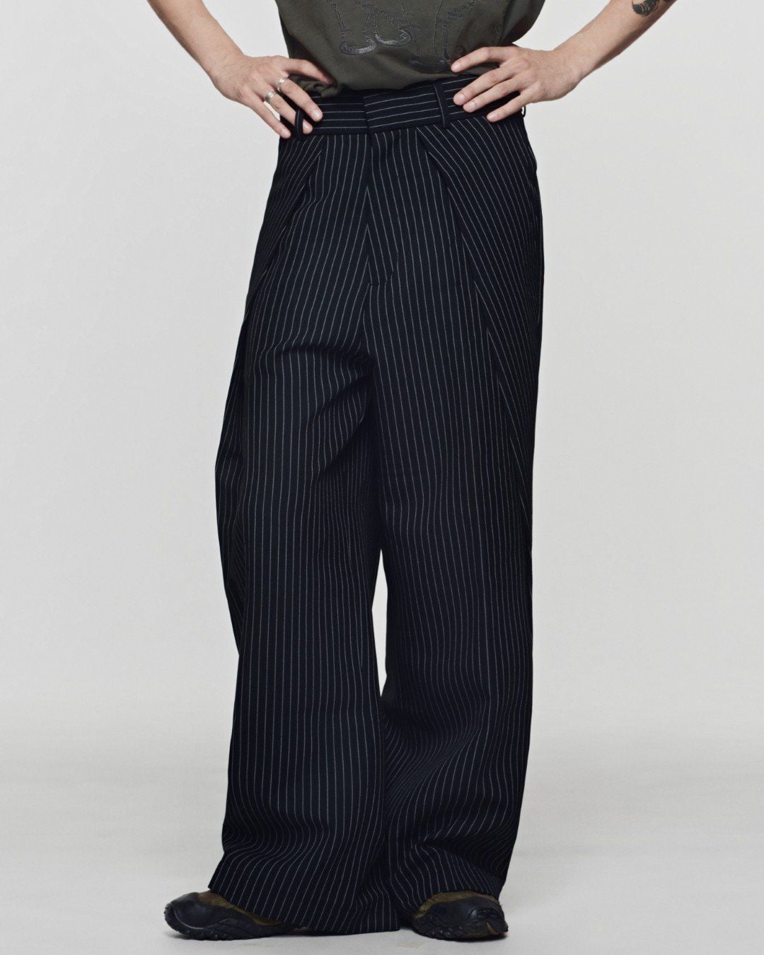 Striped Black Rolling Wide-Leg Trousers