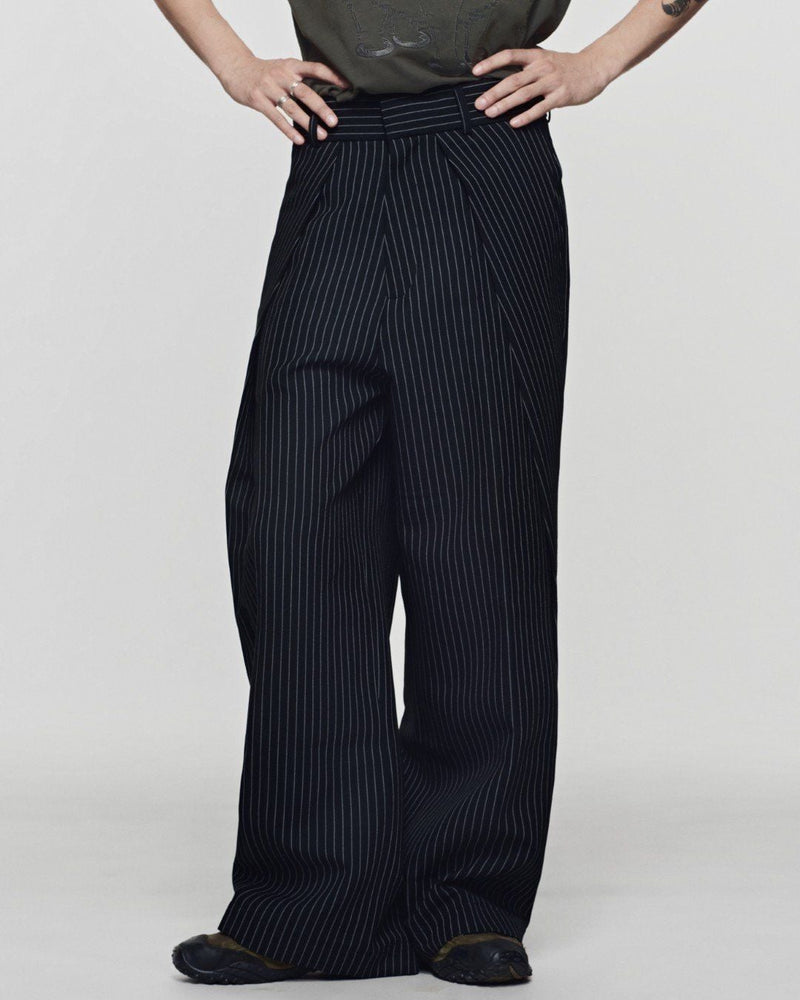 Striped Black Rolling Wide-Leg Trousers