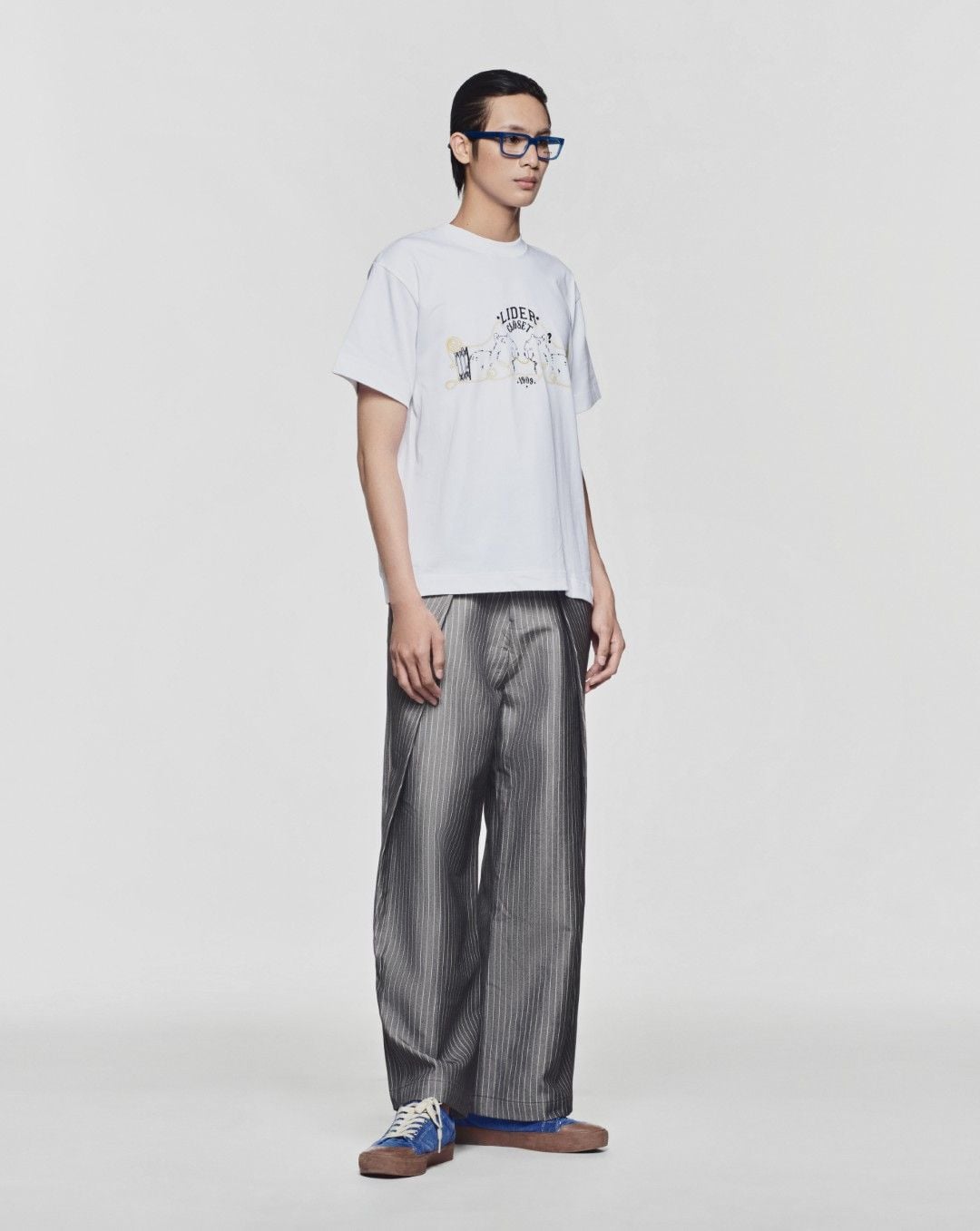 STRIPED GREY ROLLING WIDE-LEG TROUSERS