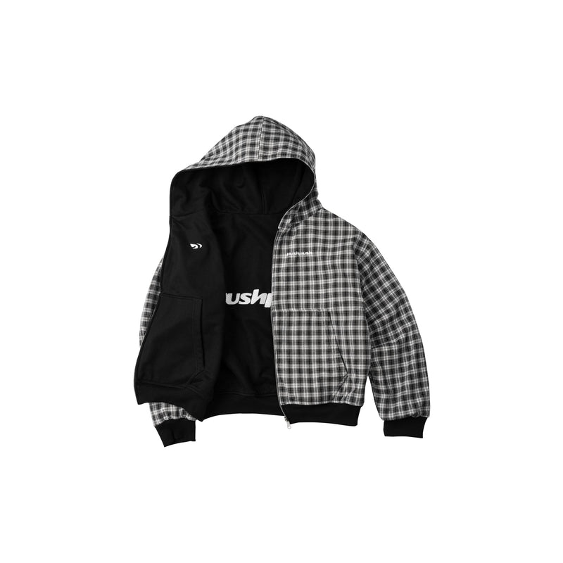 BLACK MONO GINGHAM PP FLIPSIDE ZIP HOODIE