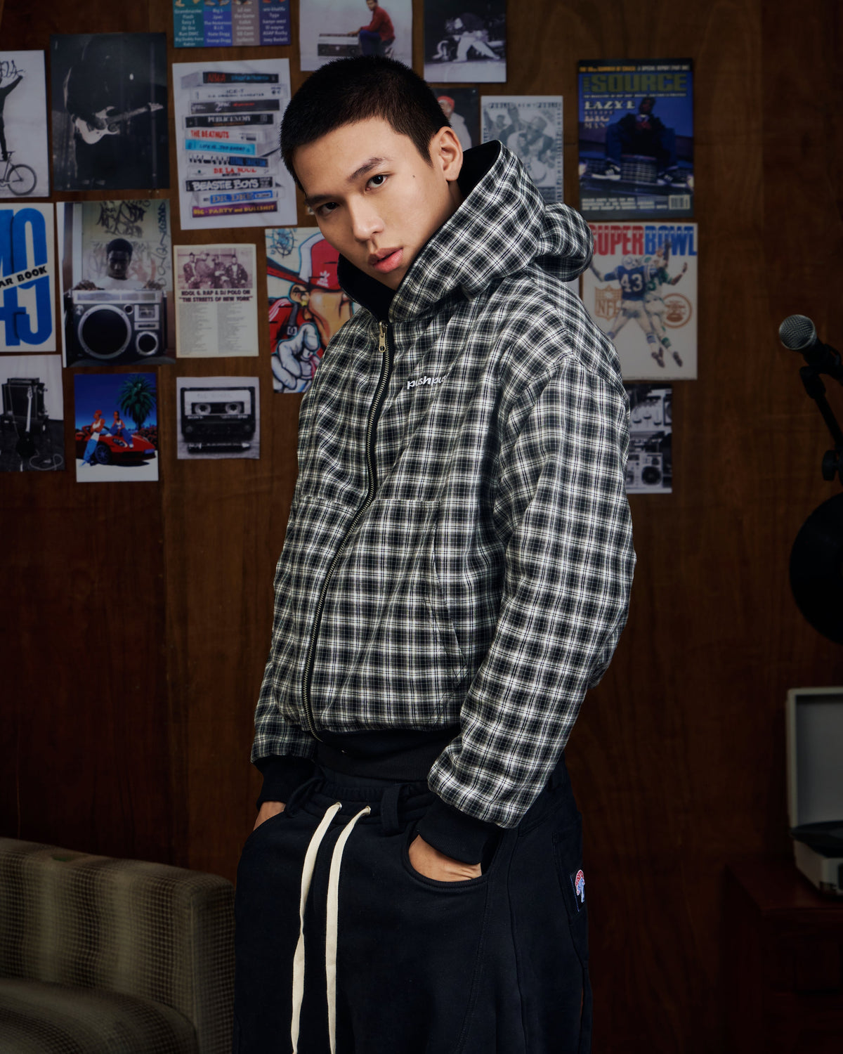 BLACK MONO GINGHAM PP FLIPSIDE ZIP HOODIE