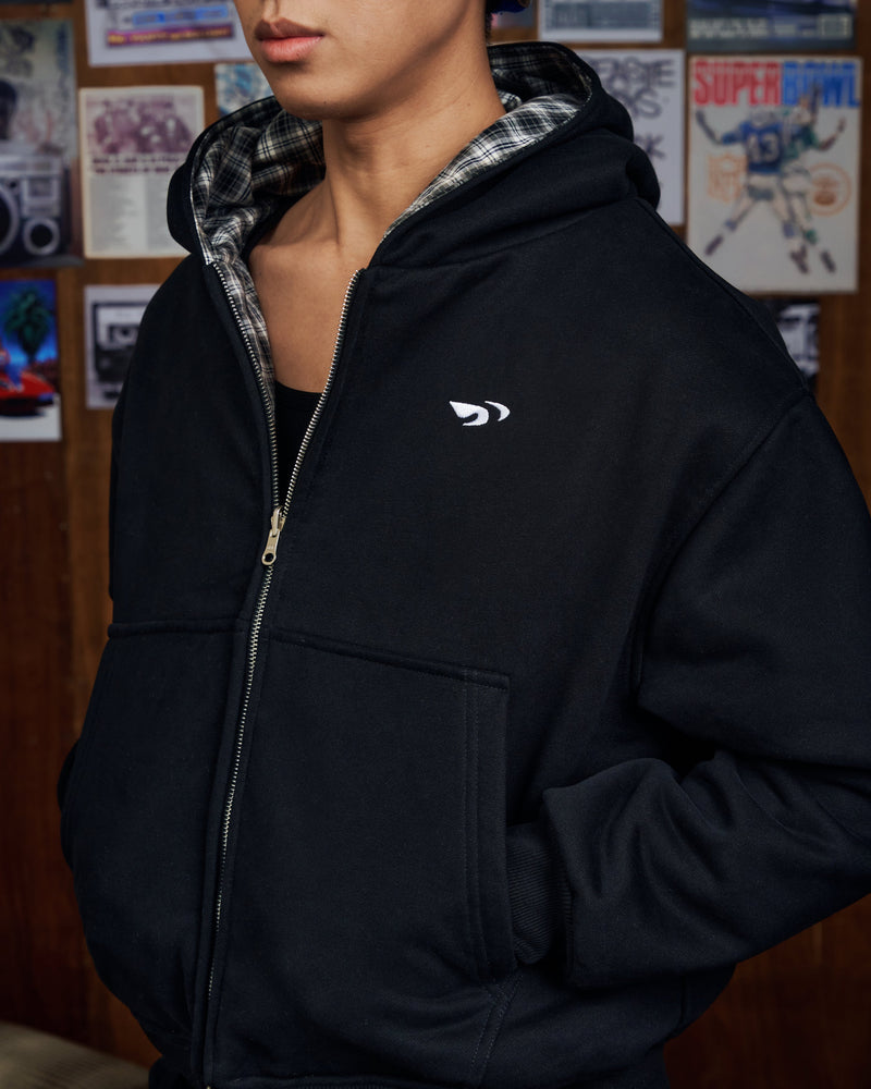 BLACK MONO GINGHAM PP FLIPSIDE ZIP HOODIE