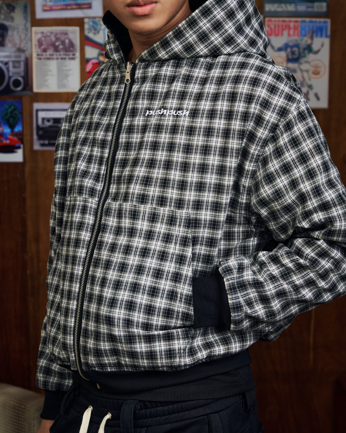 BLACK MONO GINGHAM PP FLIPSIDE ZIP HOODIE
